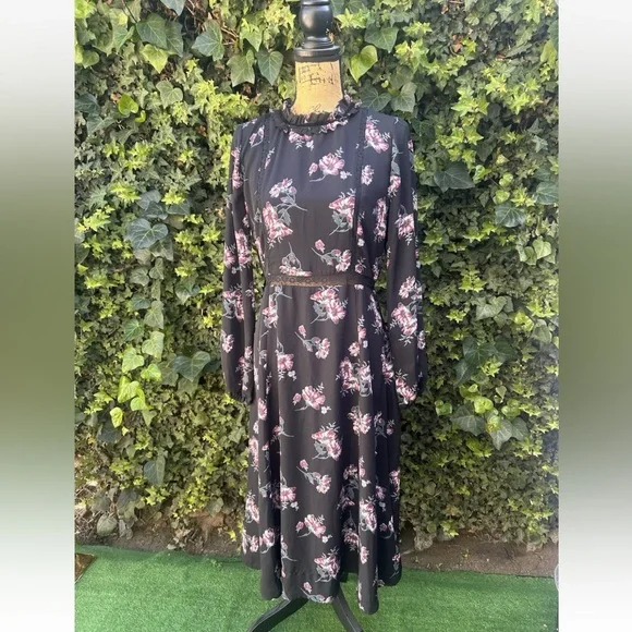 June & Hudson Black Maxi Dress Whimsigoth Boho Goth Floral Ruffles Lace Velvet - Picture 4 of 13
